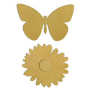 Two cardboard butterfly and flower shapes on a white background