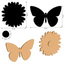 Black and brown butterfly and flower cutouts with measurements on a white background