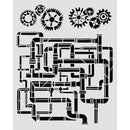 Black mechanical design with gears on a light gray background