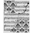 Decorative design with musical notes and floral patterns on a white background