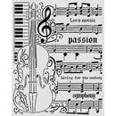 Decorative design with a violin, music notes, and text on a white background