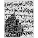 Black castle illustration on a white background with handwritten text