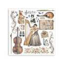 Collection of vintage-style illustrations including a harpist, musical instruments, and decorative elements on a white background.