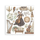 Illustration of a woman playing a cello with musical instruments and decorative elements on a white background