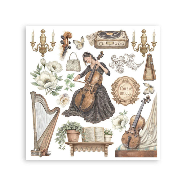 Illustration of a woman playing a cello with musical instruments and decorative elements on a white background