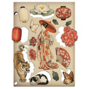 Decorative paper set with Japanese-themed elements including a geisha, tiger, cat, lanterns, and flowers on a beige background.