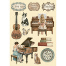 Collection of vintage-style illustrations including a guitar, cat, piano, and books on a beige background.