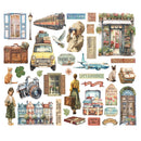 Collection of travel-themed illustrations including a car, camera, suitcase, and people on a white background.
