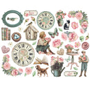 Collection of vintage-style illustrations including clocks, flowers, a girl with a dog, and a birdhouse on a white background.