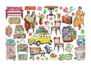 Collection of vintage-themed illustrations including a car, trolley, and people on a white background.