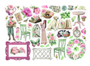 Collection of vintage-style illustrations including flowers, furniture, and decorative elements on a white background.