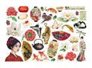 Collection of Japanese-themed decorative items including flowers, animals, and traditional figures on a white background.