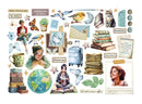 Collection of illustrated stickers with various elements like books, people, and nature on a white background.