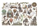Collection of steampunk-themed illustrations including machinery, people, and architectural elements on a white background.