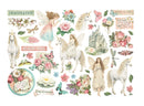 Collection of decorative stickers featuring unicorns, fairies, flowers, and text on a white background.