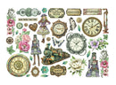 Collection of vintage-style decorative elements including clocks, flowers, and steam locomotives on a white background.