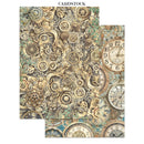 Steampunk-themed cardstock with gears and clock designs on a white background