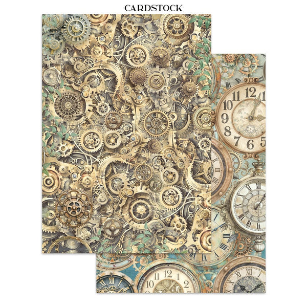 Steampunk-themed cardstock with gears and clock designs on a white background