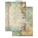 Two pieces of vintage-themed cardstock with floral and clock designs.