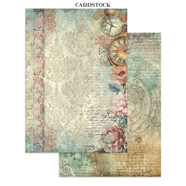 Two pieces of vintage-themed cardstock with floral and clock designs.