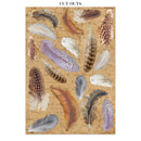 Collection of cut-out feathers on a textured background with 'CUT OUTS' text at the top.