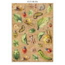 Illustrations of insects and leaves on a textured background with 'Cut Outs' text at the top.