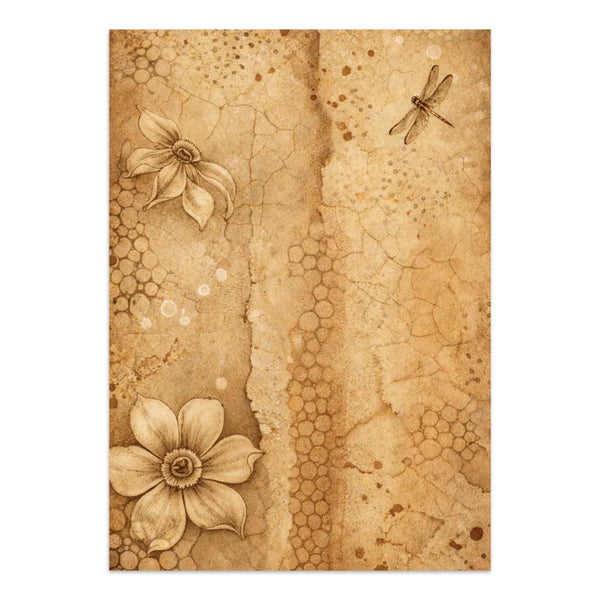Decorative paper with floral and dragonfly designs on a textured brown background