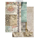 Collection of vintage-style cardstock sheets with intricate designs and text.