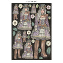 Cutout paper dolls with detailed clothing and accessories on a black background with flowers.