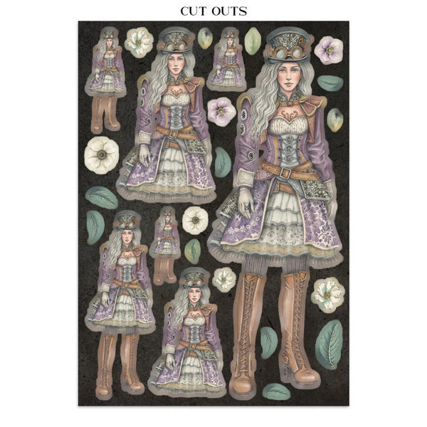 Cutout paper dolls with detailed clothing and accessories on a black background with flowers.