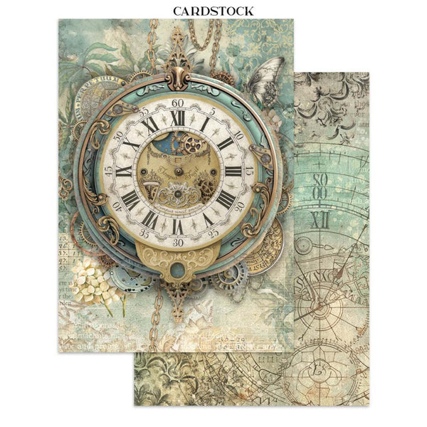 Vintage-style clock design on cardstock with intricate details and Roman numerals.