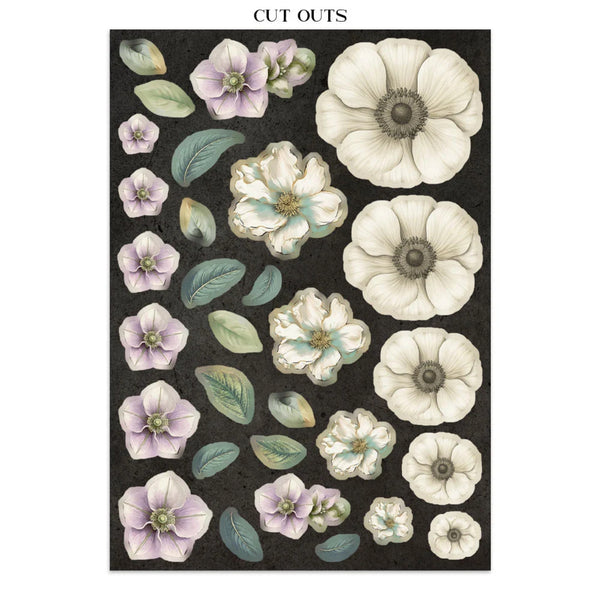 Floral cutouts with white, purple, and green flowers on a black background
