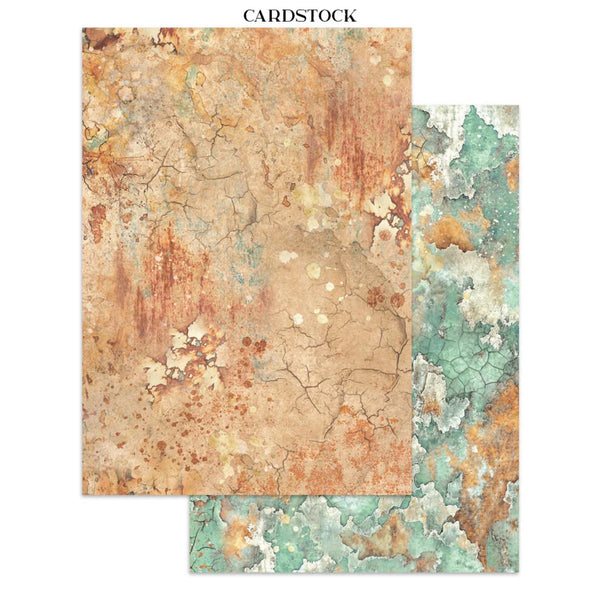 Two pieces of textured cardstock with earthy tones on a white background.