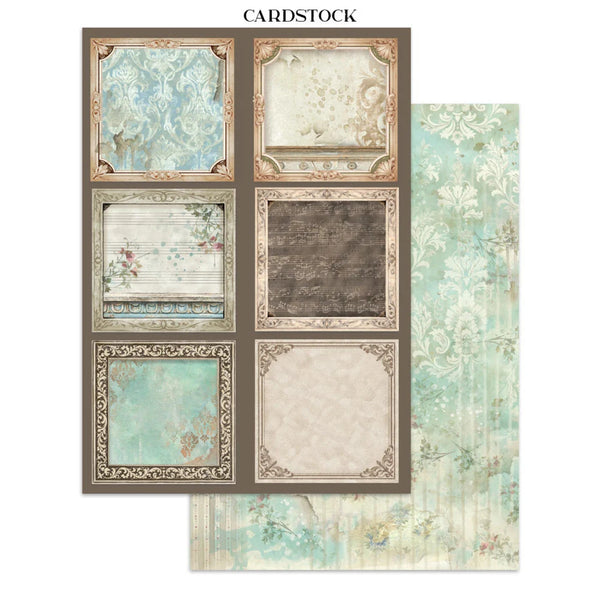 Cardstock with decorative patterns and frames on a white background