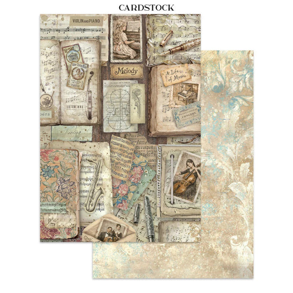 Cardstock with vintage music-themed design on a white background