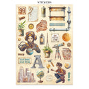 Collection of vintage-style stickers with illustrations and text on a beige background