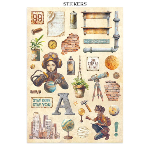 Collection of vintage-style stickers with illustrations and text on a beige background