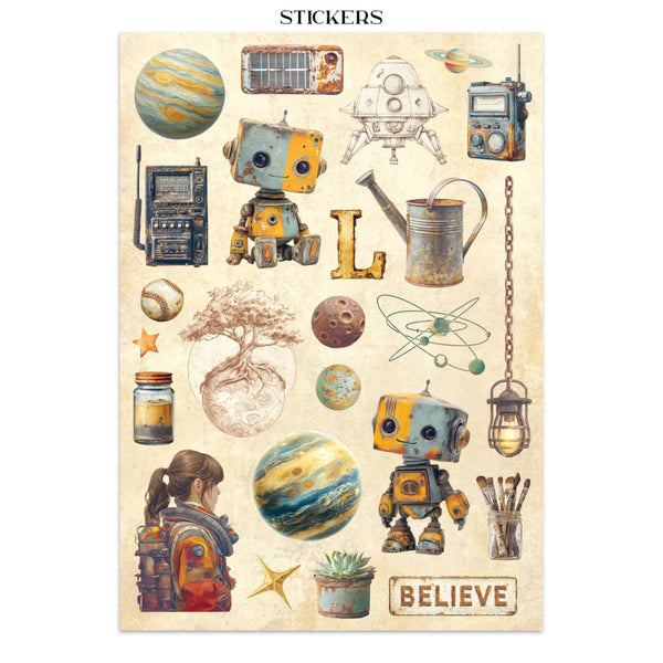 Collection of vintage-style stickers featuring robots, planets, and other elements on a beige background.
