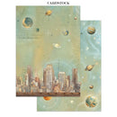 Cardstock with space-themed design featuring planets and a cityscape.