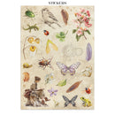 Sheet of stickers with nature-themed designs including birds, flowers, insects, and a person sitting.