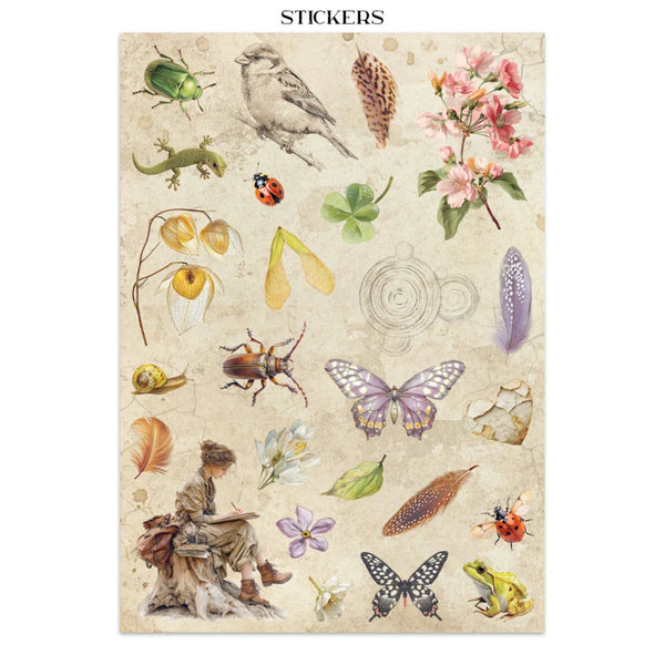 Sheet of stickers with nature-themed designs including birds, flowers, insects, and a person sitting.