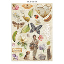 Collection of cut-out nature-themed items including butterflies, flowers, and a person with a dog on a beige background.