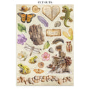 Collection of cut-out nature-themed items including a butterfly, heart, dragonfly, and flowers on a beige background.