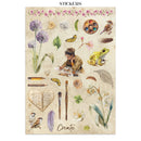 Collection of nature-themed stickers with a child, animals, and plants on a beige background.