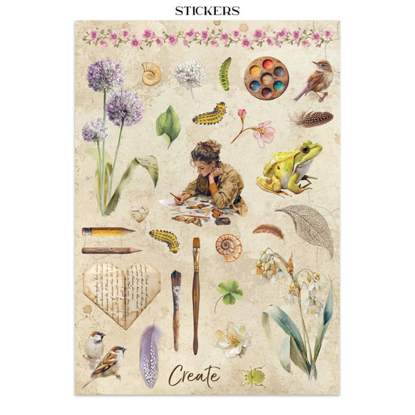 Collection of nature-themed stickers with a child, animals, and plants on a beige background.