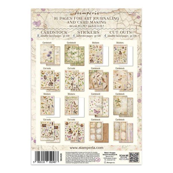 Packaging of Stamperia art journaling and card making kit with various components.