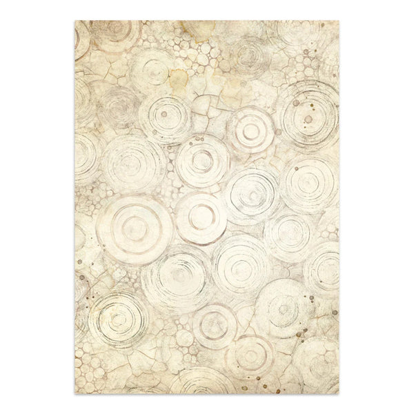 Beige textured paper with circular patterns on a white background