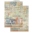 Cardstock with vintage-style design featuring buildings and text on a white background