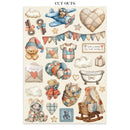 Collection of baby-themed cutouts with teddy bears, balloons, and other decorative elements on a beige background.