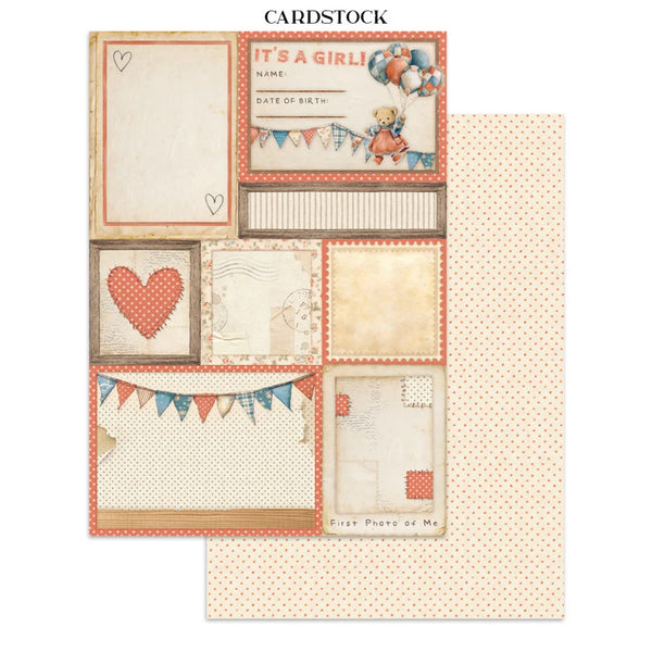 Cardstock paper with baby-themed design and text on a white background
